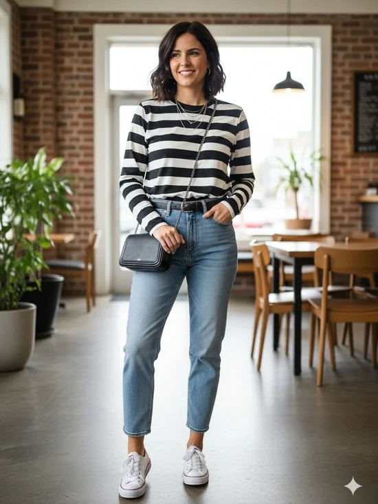 Men's Black & White Horizontal Stripe Long Sleeve Shirt - Picture 4 of 6